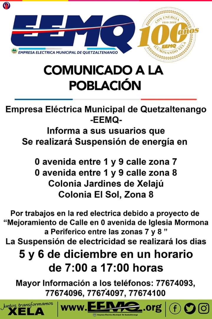 Empresa Electrica Municipal De Quetzaltenango Eemq Anuncia Suspension Del Servicio Electrico Diario De Los Altos